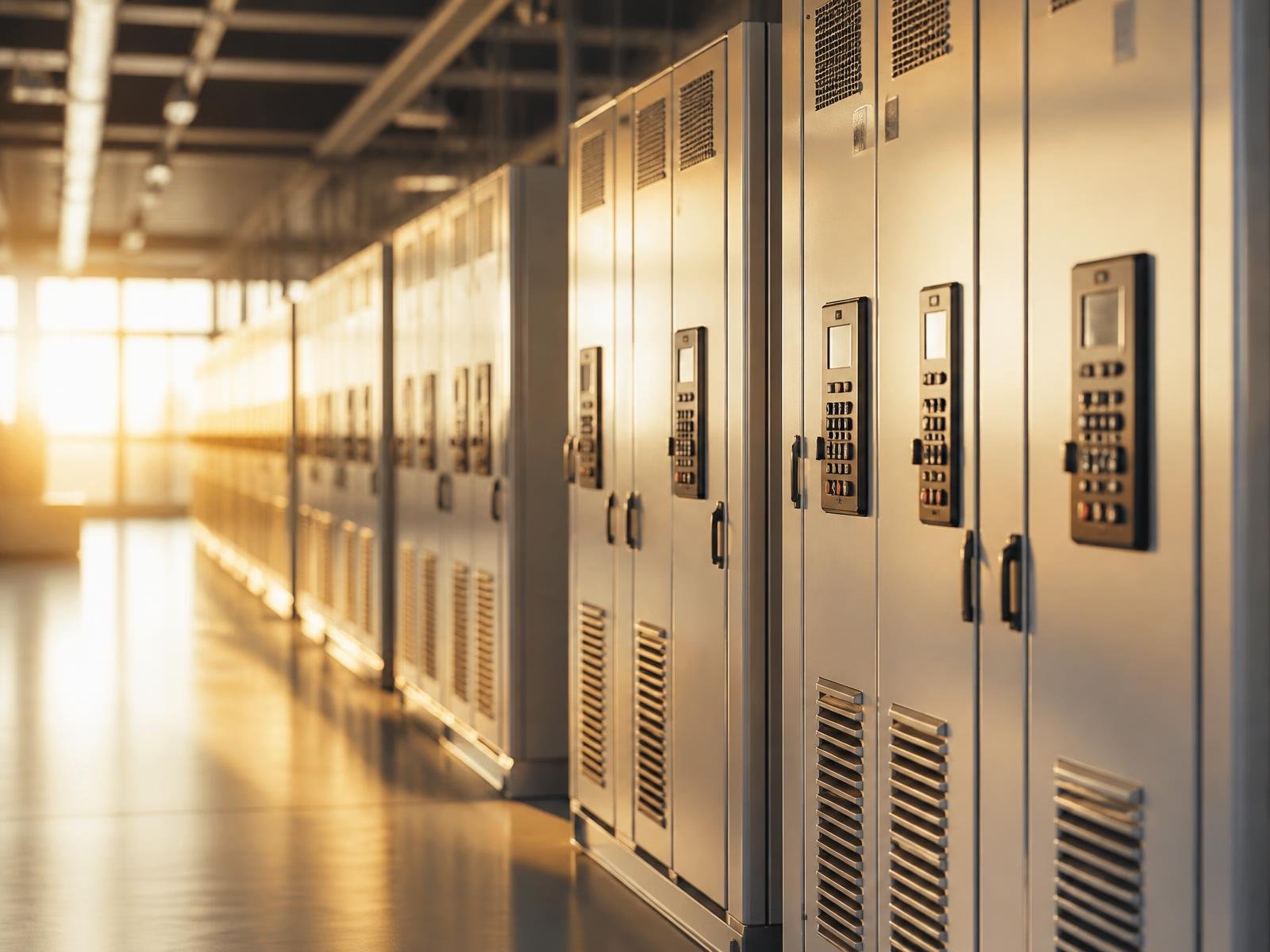 Row of industrial variable frequency drive control cabinets in a modern plant switchgear room