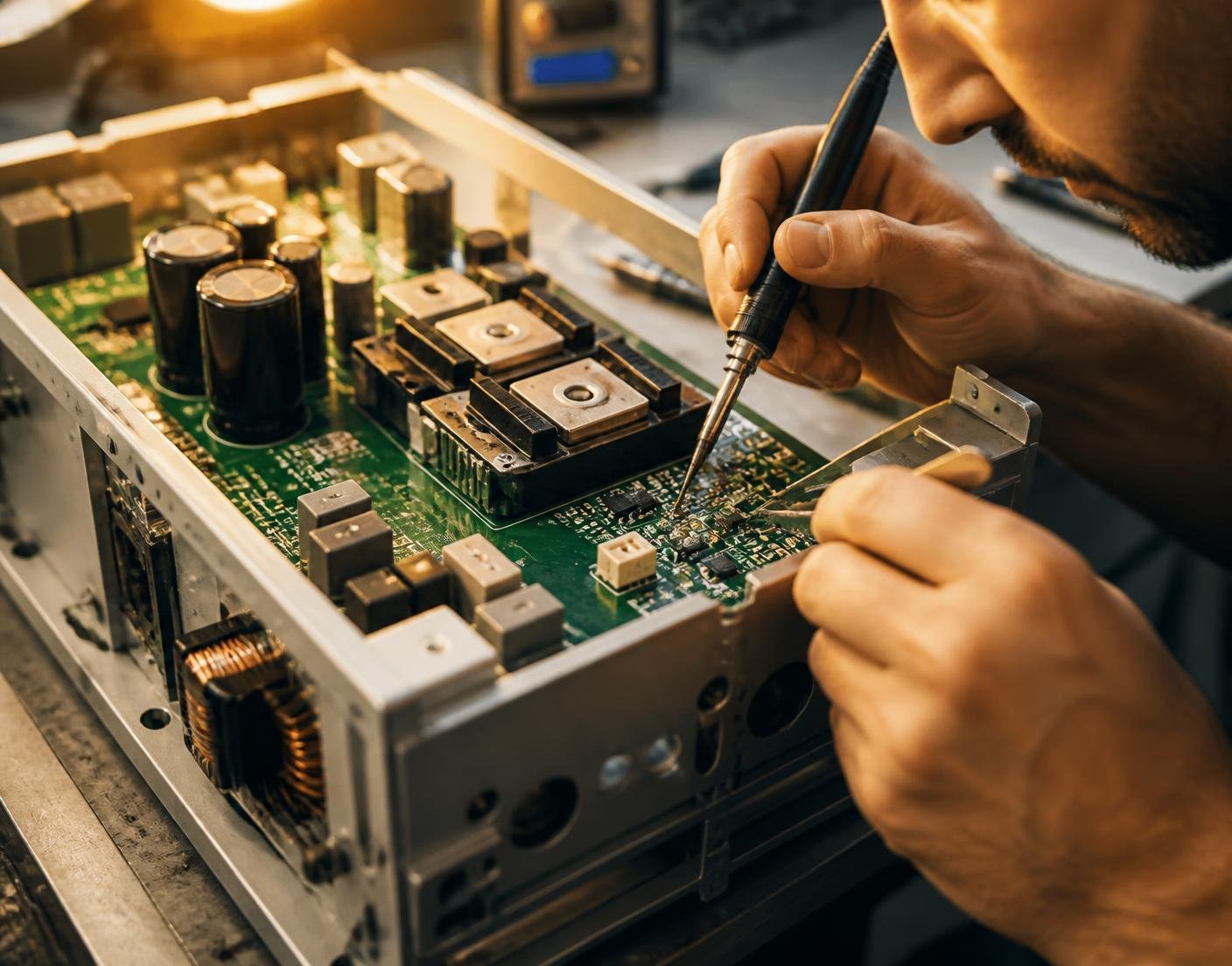 Technician performing component-level repair on an industrial drive power board